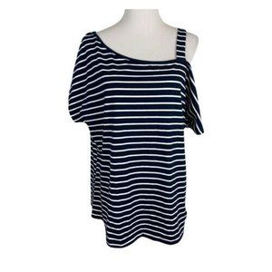 Cyanstyle Womens Shirt Size XL Blue White Striped Off Shoulder Short Sleeve Knit
